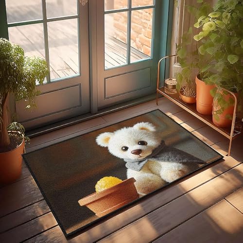 Fußmatte mit lustigem Text, flauschiger weißer Bär mit grauem Schal, sitzt neben einer Schüssel Honig, Fußmatte, Badezimmerteppich, lustige Outdoor-Dekoration (40 x 60 cm) von CBRT