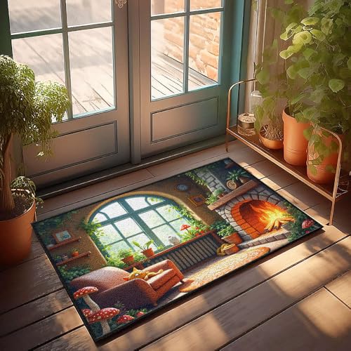 Fußmatte mit lustigem Text, gemütliches Zimmer mit Kamin, Pflanzen und einer schlafenden Katze, Badezimmerteppich, lustige Outdoor-Dekoration (40 x 60 cm) von CBRT