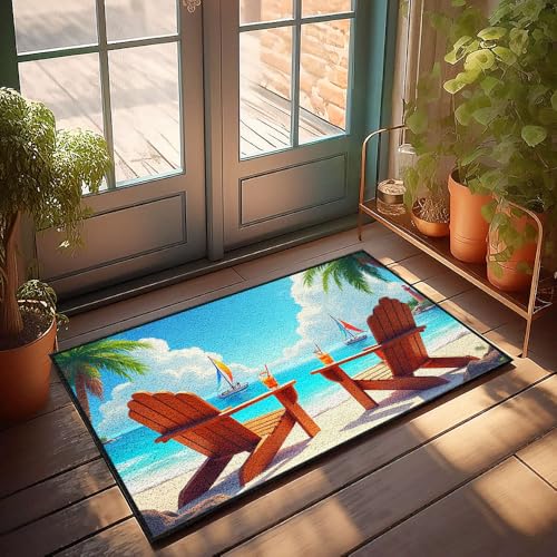 Fußmatte mit lustigem Text, zwei Holzstühle an einem Sandstrand mit Palmen, zwei Segelboote im Ozean, Fußmatte, Badezimmerteppich-Set, lustige Outdoor-Dekoration (50 x 80 cm) von CBRT
