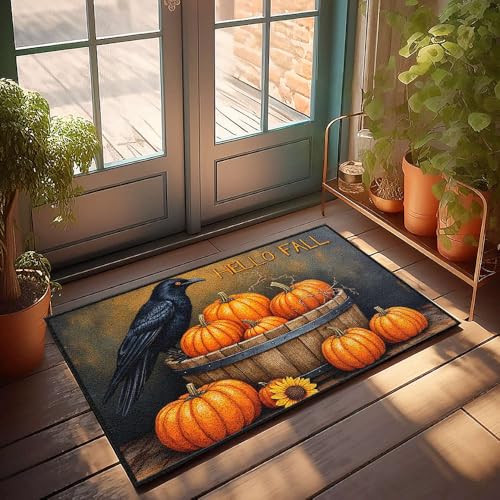 Große Fußmatte für den Außenbereich, Motiv: schwarze Krähe auf einem Holzfass gefüllt mit Kürbisen, rutschfeste Matte, Klassenzimmer, Willkommensmatte (65 x 90 cm) von CBRT