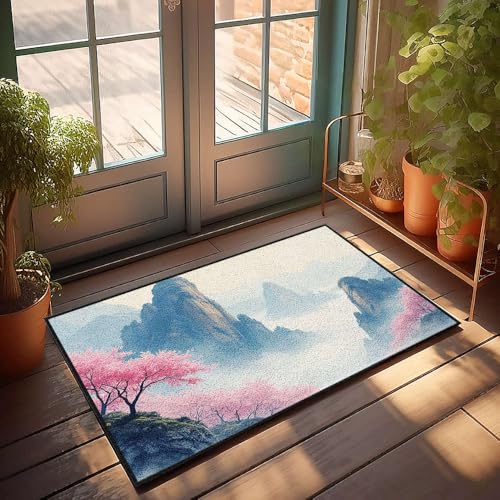 Große Fußmatte für den Außenbereich, neblige Berge mit Kirschblüten, Fußmatte, Veranda, Herbstdekoration, allein, Türmatte (65 x 90 cm) von CBRT
