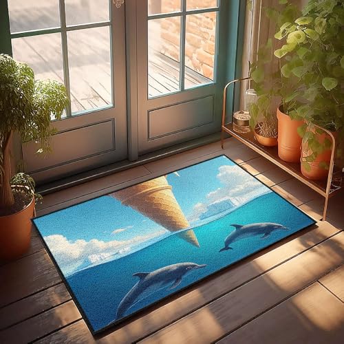 Große Fußmatte für den Innenbereich, Delfine, schwimmen in der Nähe einer Eistüte im Ozean, Fußmatte, Veranda, Herbstdekoration, allein, 65 x 90 cm Große Fußmatte für den Innenbereich, Delfine, schwimmen in der Nähe einer Eistüte im Ozean, Fußmatte, Veranda, Herbstdekoration, allein, 65 x 90 cm von CBRT