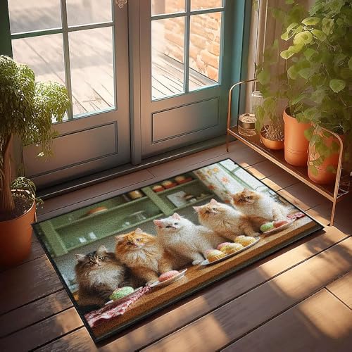 Große Fußmatte für den Innenbereich, Katzen, die auf einem Tisch sitzen, mit bunten Cupcakes, Fußmatte für die Veranda, Herbstdekoration, allein zu Hause (50 x 80 cm) von CBRT