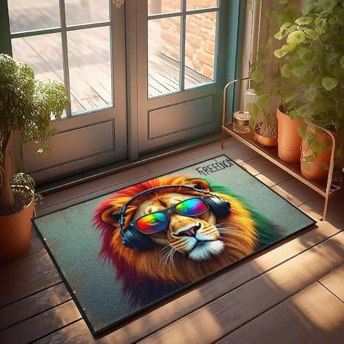 Große Fußmatte für den Innenbereich, Löwe mit Kopfhörern und Sonnenbrille, Fußmatte, für Veranda, Herbstdekoration, allein, 50 x 80 cm Große Fußmatte für den Innenbereich, Löwe mit Kopfhörern und Sonnenbrille, Fußmatte, für Veranda, Herbstdekoration, allein, 50 x 80 cm von CBRT