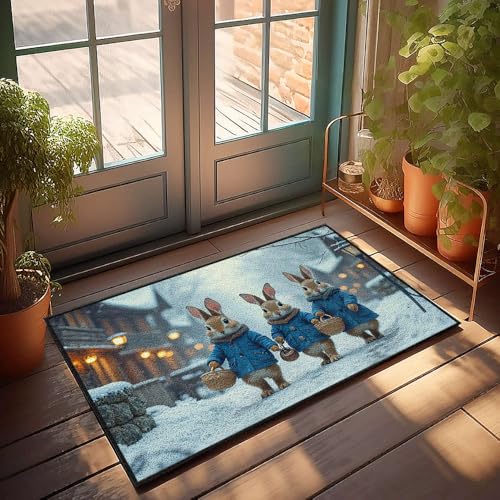 Große Fußmatte für den Innenbereich, drei Kaninchen im Winter, Mäntel, Tragekörbe auf einer verschneiten Straße, Fußmatte, Veranda, Herbstdekoration, allein zu Hause (40 x 60 cm) von CBRT