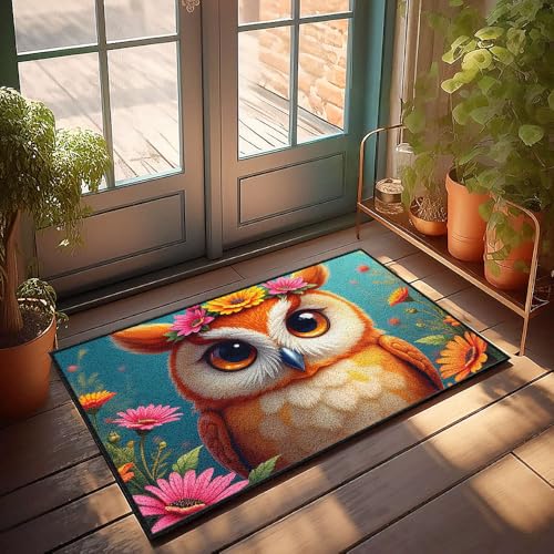 Große Fußmatte für den Innenbereich, eine niedliche Eule mit einer Blumenkrone, umgeben von bunten Blumen, Fußmatte, Veranda, Herbstdekoration, allein zu Hause, 65 x 90 cm Große Fußmatte für den Innenbereich, eine niedliche Eule mit einer Blumenkrone, umgeben von bunten Blumen, Fußmatte, Veranda, Herbstdekoration, allein zu Hause, 65 x 90 cm von CBRT