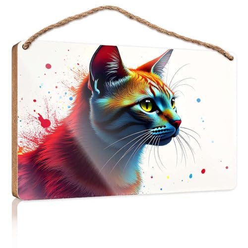 Hängende Wandschilder, buntes abstraktes Katzenporträt mit lebendigen Spritzern, Holzschild, Männerhöhle, Dekoration, für den Außenbereich, Terrasse, Dekoration (15 x 28 cm) von CBRT