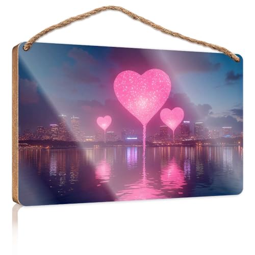 Hängende Wandschilder, drei rosa herzförmige Luftballons, schweben bei Nacht über einer Stadtskyline, Holzschild, Männerhöhle, Dekoration, für den Außenbereich, Terrasse, Dekoration (15 x 28 cm) Hängende Wandschilder, drei rosa herzförmige Luftballons, schweben bei Nacht über einer Stadtskyline, Holzschild, Männerhöhle, Dekoration, für den Außenbereich, Terrasse, Dekoration (15 x 28 cm) von CBRT