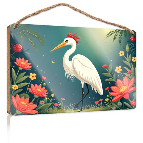 Hängende Wandschilder, ein weißer Kranich, steht inmitten leuchtender roter und gelber Blumen, Holzschild, Männerhöhle, Dekoration, Außenterrassendekoration (20 x 30 cm) von CBRT