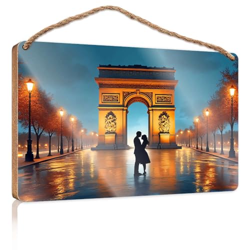 Hängende Wandschilder "A Couple Kissing Under The Arc de Triomphe at Night", Holzschild, Männerhöhle, Dekoration, Außenterrassendekoration (20 x 30 cm) von CBRT