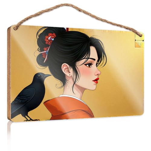 Hängende Wandschilder "A Woman in an Orange Kimono with A Black Bird" Holzschild Männerhöhle Dekor für den Außenbereich (20 x 30 cm) von CBRT