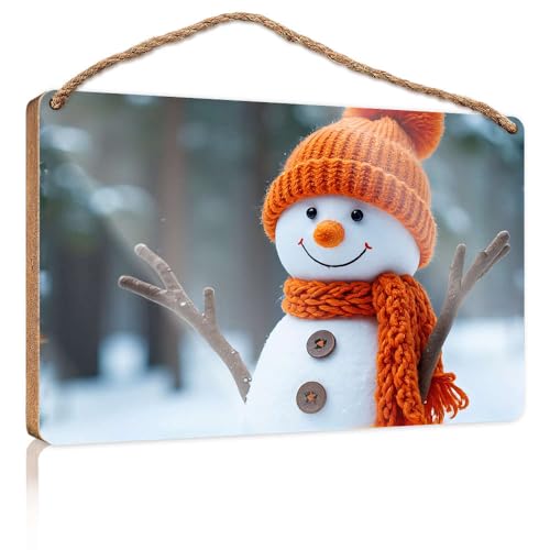 Hängende Wandschilder mit einem fröhlichen Schneemann in einem orangefarbenen Hut und Schal, Holzschild, Männerhöhlen-Dekoration, für den Außenbereich, Terrasse, Dekoration (20 x 30 cm) von CBRT