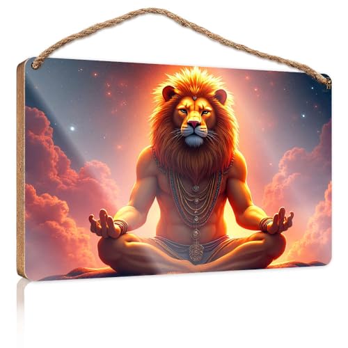 Hängendes Speisekammer-Schild, Dekor, Löwe in Meditations-Pose mit himmlischem Hintergrund, Holzschild, Herbst-Veranda-Schilder, Poster für Jungenzimmer (20 x 30 cm) von CBRT