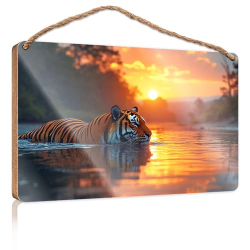 Hängendes Speisekammer-Schild, Dekoration, "A Tiger Swims In Water During Sunset", Holzschild, Herbst-Veranda-Schilder, Poster für Jungenzimmer (23 x 35 cm) von CBRT