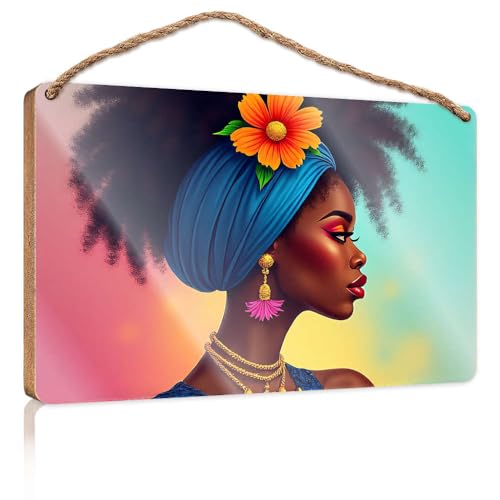 Hängendes Speisekammer-Schild, Dekoration, "A Woman With An Afro" trägt ein blaues Kopftuch, geschmücktes Holzschild, Herbst-Veranda-Schilder, Poster für Jungenzimmer (15 x 28 cm) von CBRT
