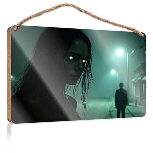Hängendes Speisekammer-Schild, Dekoration, "A Woman With Glowing Eyes" steht in einer nebligen Straße, "Confronting A Man", Holzschild, Herbst-Veranda-Schilder, Poster für Jungenzimmer (20 x 30 cm) von CBRT