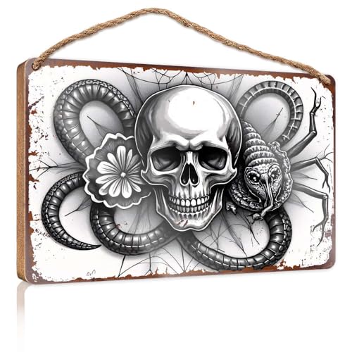 Hängendes Speisekammer-Schild, Dekoration, Totenkopf mit Schlangen und Blume, Illustration, Holzschild, Herbst-Veranda-Schilder, Poster für Jungenzimmer (20 x 30 cm) von CBRT