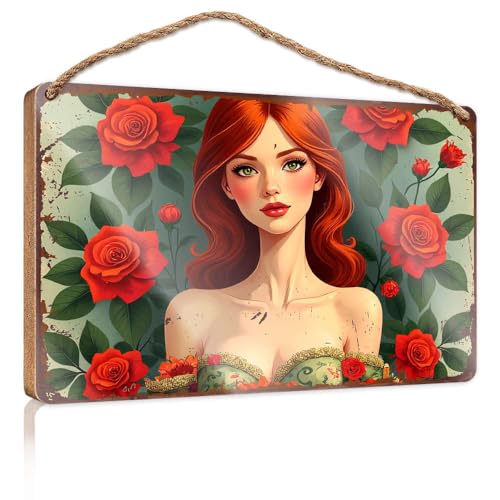 Hängendes Speisekammerschild, Dekoration, "A Woman With Red Hair Surrounded By Roses", Holzschild, Herbst-Veranda-Schilder, Poster für Jungenzimmer (20 x 30 cm) von CBRT