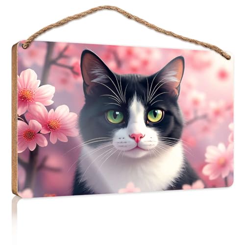 Hängendes Speisekammerschild, Dekoration, eine schwarze und weiße Katze mit grünen Augen ist umgeben von rosa Blumen, Holzschild, Herbst-Veranda-Schilder, Poster für Jungenzimmer (23 x 35 cm) von CBRT