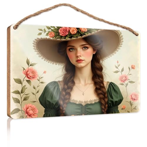 Hängendes Speisekammerschild, Dekoration "A Woman In A Green Dress With Floral Hut, Holzschild, Herbst-Veranda-Schilder, Poster für Jungenzimmer (23 x 35 cm) von CBRT