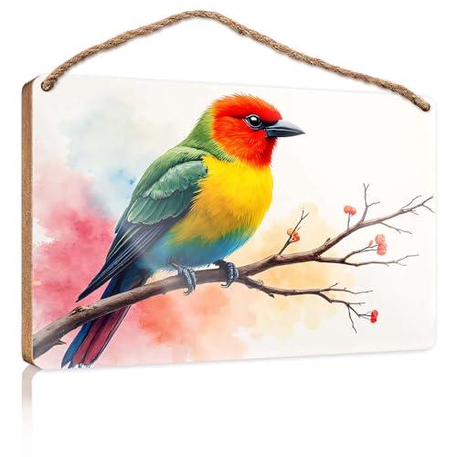 Hängeschild für Speisekammer, Dekoration, bunte Vogelsitzstangen auf einem Ast mit roten Beeren, Holzschild, Herbst-Veranda-Schilder, Poster für Jungenzimmer (23 x 35 cm) von CBRT