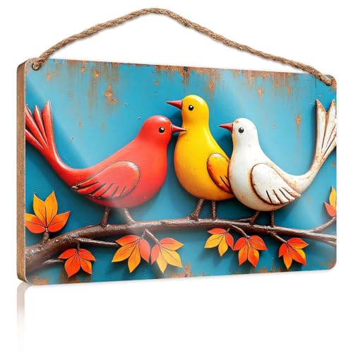 Hängeschild für Speisekammer, Dekoration, drei bunte Vögel, die auf Herbstblättern sitzen, Holzschild, Herbstveranda-Schilder, Poster für Jungenzimmer (20 x 30 cm) von CBRT