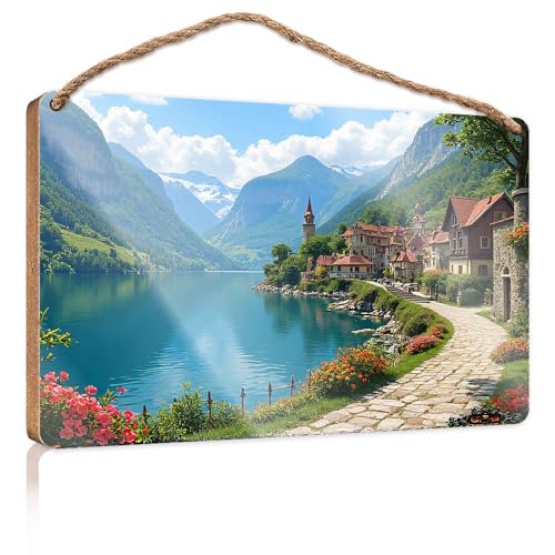 Hängeschild für Speisekammer, Dekoration, ein malerisches Dorf, eingebettet von einem ruhigen See, umgeben von majestätischen Bergen, Holzschild, Herbst-Veranda-Schilder, Poster für Jungenzimmer (15 x Hängeschild für Speisekammer, Dekoration, ein malerisches Dorf, eingebettet von einem ruhigen See, umgeben von majestätischen Bergen, Holzschild, Herbst-Veranda-Schilder, Poster für Jungenzimmer (15 x von CBRT