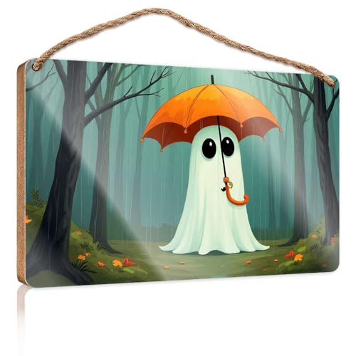 Hängeschild in der Speisekammer, Dekoration, "A Friendly Ghost Holding An Orange Umbrella In The Rain", Holzschild, Herbst-Veranda-Schilder, Poster für Jungenzimmer (15 x 28 cm) von CBRT