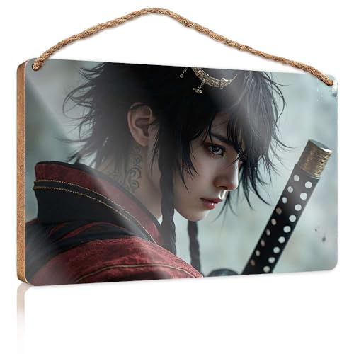 Hängeschild in der Speisekammer, Dekoration, ein Samurai-Krieger mit aufwendigen Tattoos und einem Katana-Holzschild, Herbst-Veranda-Schilder, Poster für Jungenzimmer (15 x 28 cm) von CBRT