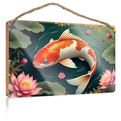 Hängeschild in der Speisekammer, Dekoration, ein bunter Koi-Fisch schwimmt unter Lotusblumen, Holzschild, Herbst-Veranda-Schilder, Poster für Jungenzimmer (23 x 35 cm) von CBRT