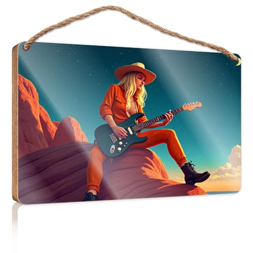 Hängeschild in der Speisekammer, Dekoration "A Woman in Orange Plays Guitar Under A Starry Sky", Holzschild, Herbst-Veranda-Schilder, Poster für Jungenzimmer (15 x 28 cm) von CBRT