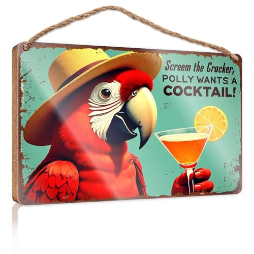 Haustürschild mit Aufschrift "A Parrot in a Hat Holds A Cocktail With A Lemon Slice", lustiges Badezimmer-Dekor, Holz zum Basteln, Schilder (23 x 35 cm) von CBRT