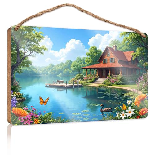 Haustürschild mit Aufschrift "A Serene Lakeside Cottage Surrounded by Vibrant Flowers", lustiges Badezimmer-Dekor, Holz zum Basteln, 23 x 35 cm Haustürschild mit Aufschrift "A Serene Lakeside Cottage Surrounded by Vibrant Flowers", lustiges Badezimmer-Dekor, Holz zum Basteln, 23 x 35 cm von CBRT