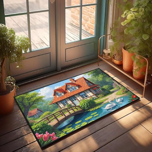 Herbstmatten für die Haustür, ein uriges Häuschen mit einer Holzbrücke über einem ruhigen Teich, umgeben von üppigem Grün, Fußmatte, Willkommensteppich, Haustür, Innen-Türdekoration (50 x 80 cm) Herbstmatten für die Haustür, ein uriges Häuschen mit einer Holzbrücke über einem ruhigen Teich, umgeben von üppigem Grün, Fußmatte, Willkommensteppich, Haustür, Innen-Türdekoration (50 x 80 cm) von CBRT