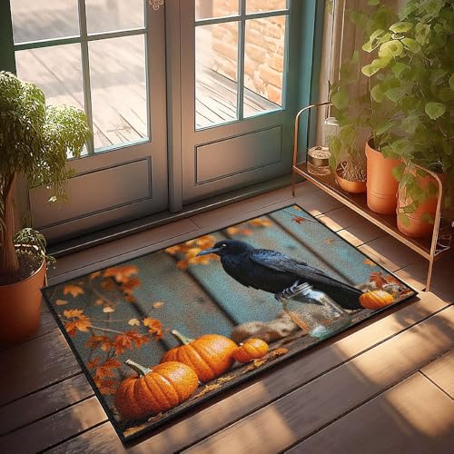 Home Bar Decor Fußmatte mit Krähe sitzt auf einem Glas, umgeben von Kürbissen und Herbstblättern, Herbstteppich, Bauernhaus-Fußmatten, für den Außenbereich (65 x 90 cm) von CBRT