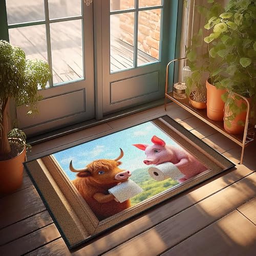 Jungen-Zimmer-Dekoration, Teenager, Kuh und Schwein schauen aus einem Fenster, jede hält eine Rolle Toilettenpapier-Fußmatte, lustige Badezimmerdekoration, Winter-Fußmatte, für den Außenbereich (40 x von CBRT