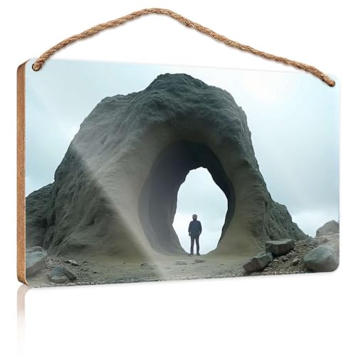 Küchen-Wandschild mit Aufschrift "A Person Stands in Front of A Large Natural Rock Arch Woodded Sign Door Decor Sign Welcome Sign" (23 x 35 cm) von CBRT
