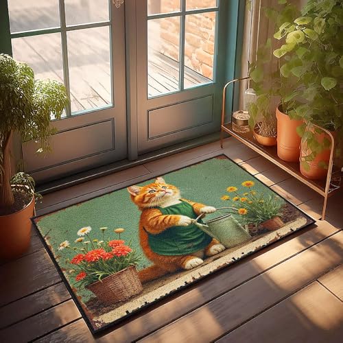 Lustige Badezimmermatte, Motiv: Eine Ingwerkatze in einer Schürze, Wasserblumen, Fußmatte, kleine Willkommensmatte, Outdoor-Fußmatten (65 x 90 cm) von CBRT