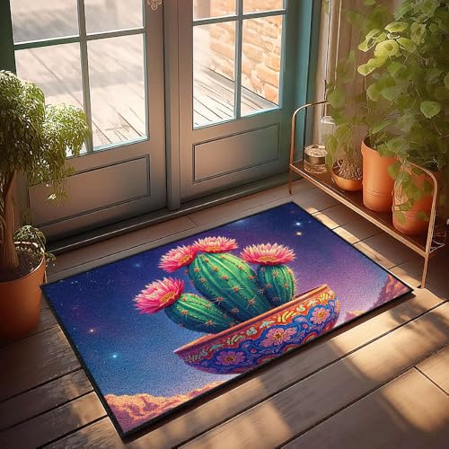 Lustige Badezimmermatte, Motiv: Kaktus mit rosa Blumen in einem bunten Topf unter einem Sternenhimmel, Fußmatte, Tiki-Bar, Dekoration, Schlafzimmer, Türdekoration (50 x 80 cm) von CBRT
