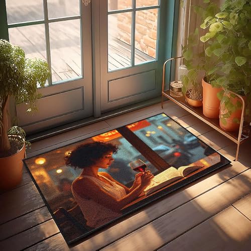 Lustige Badezimmermatte, Motiv: Lesebuch mit Weinglas im Café, kleine Willkommensmatte, Outdoor-Fußmatten (50 x 80 cm) von CBRT