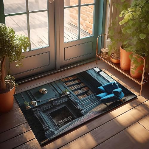 Lustige Badezimmermatte, gemütliches Zimmer mit blauem Sessel, Bücherregal, Kamin und dekorativen Totenköpfen, Fußmatte, kleine Willkommensmatte, Outdoor-Fußmatten (50 x 80 cm) von CBRT
