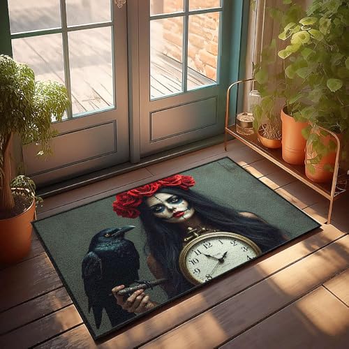 Lustige Fußmatte für die Terrasse, Motiv: Eine Frau mit einer Uhr, Rosen im Haar und einer Krähe, wasserdicht, 65 x 90 cm Lustige Fußmatte für die Terrasse, Motiv: Eine Frau mit einer Uhr, Rosen im Haar und einer Krähe, wasserdicht, 65 x 90 cm von CBRT