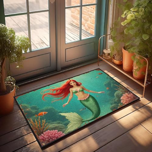 Lustige Fußmatten für den Außeneingang, Meerjungfrau, Schwimmen in einem Unterwassergarten, coole Teppiche, 50 x 80 cm von CBRT