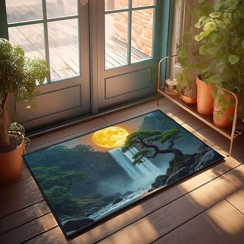 Lustige Fußmatten für den Außeneingang, üppiger Wald, Wasserfall, großer Mond, Fußmatte, coole Teppiche, Home Sweet Home, Türmatte (40 x 60 cm) von CBRT