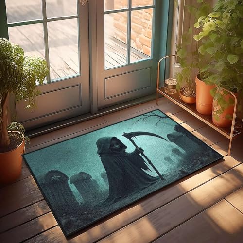 Lustige Heimdekoration, Skelettfigur in einem Kapuzenumhang, hält eine Sense, Fußmatte, Winter-Fußmatte, Outdoor, Zuhause, Sweet Home, Türmatte (65 x 90 cm) von CBRT