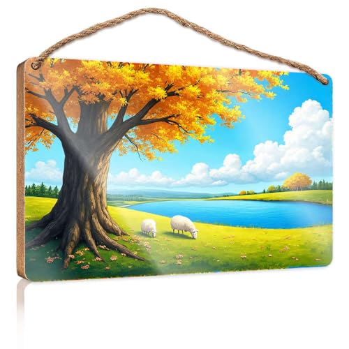 Lustige Schilder für Badezimmer, Schafe, die unter einem goldenen Baum am Fluss grasen, Holzschild, Veranda-Dekorationen, Outdoor-Bauernhaus-Dekorationen (23 x 35 cm) von CBRT