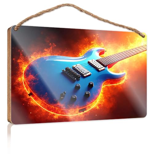 Lustige Schilder für Heimdekoration, flammende E-Gitarre, Kunstwerk, Holzschild, Poster für Teenager, Winter-Türdekorationen (20 x 30 cm) von CBRT