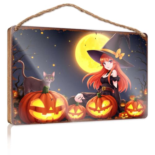 Lustiges Badezimmer-Zubehör, Halloween-Hexe mit Kürbissen unter dem Mond, Holzschild, Bauernhaus, Wanddekoration, Schilder, Wandbehang, Dekoration, Herren (15 x 28 cm) von CBRT