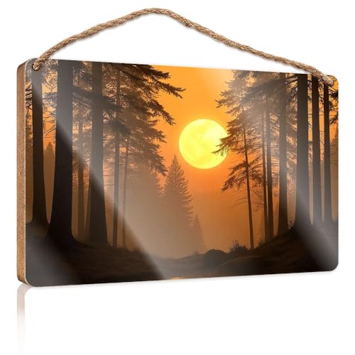 Lustiges Badezimmer-Zubehör, Sonnenuntergang im Wald mit hohen Bäumen, Holzschild, Bauernhaus, Wanddekoration, Wanddekoration, für Herren (20 x 30 cm) von CBRT