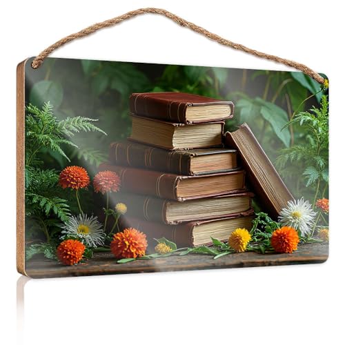 Lustiges Hausdekor, Stapel alter Bücher, umgeben von lebendigen Blumen, Holzschild, Urlaubsschild, Veranda, Jungen, Schlafzimmer, Dekoration (23 x 35 cm) von CBRT